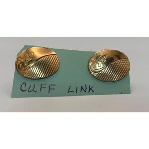 Vintage Gold-Toned Oval Cufflinks With Leaf & Line Design For Men